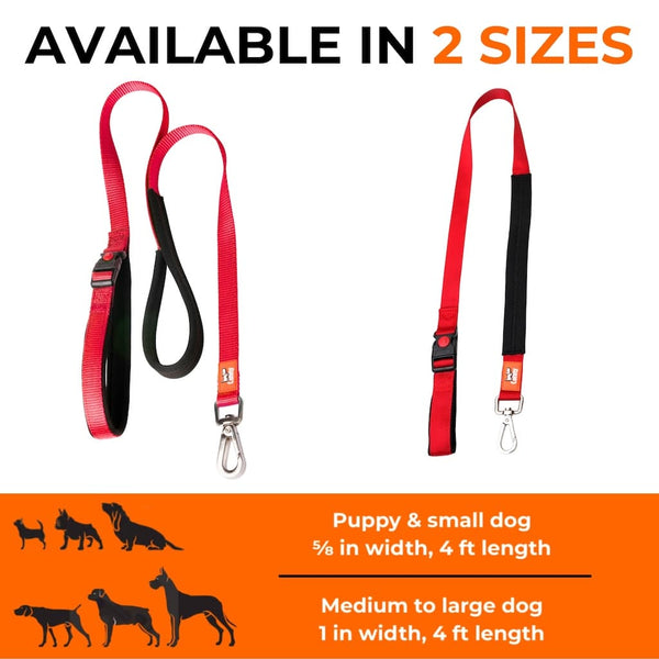 Two red Canny Connect anti-escape leashes shown in 5/8 in and 1 in widths for small and large dogs, 4 ft length, soft padded handles.