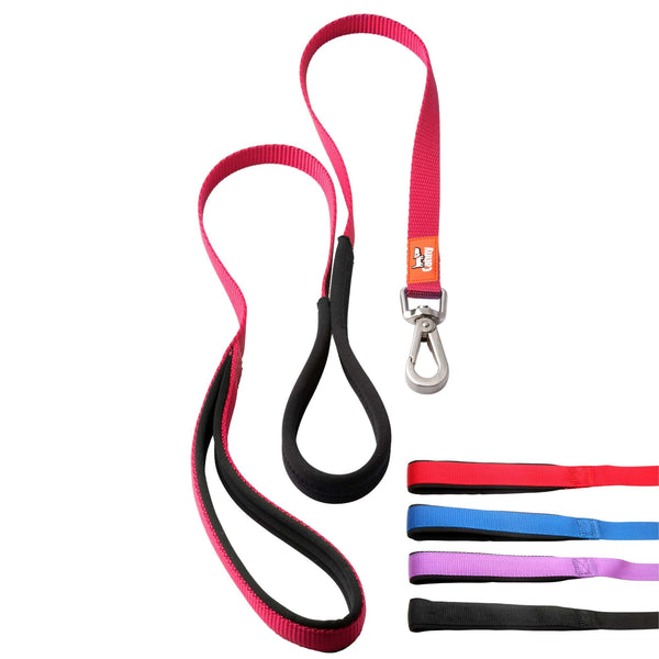 Red dog leash for small dogs and puppies, 5/8 inch wide and 4ft long. Neoprene handle & grip with brushed steel clip. Close up of leash handles in red, blue, purple and black.