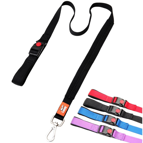 Black 1 in wide Canny Connect anti escape leash for medium to large dogs, padded neoprene handle and grip, steel clip and swatches with four color options.