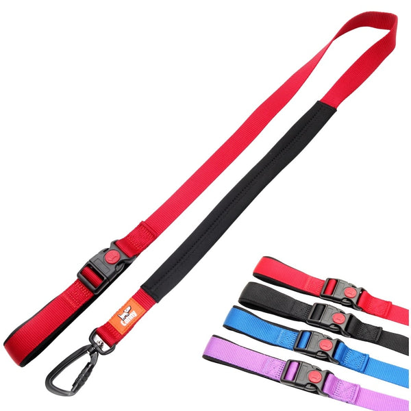 Red 4 ft Canny Connect anti escape leash for medium-large dogs with padded handle and locking carabiner, all 4 color options shown.