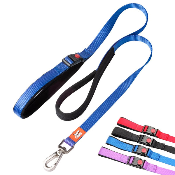 Blue 5/8 in wide Canny Connect no escape leash for small dogs & puppies, soft padded grip and handle, steel clip, and swatch bar with four available colors.