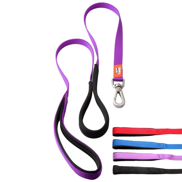 Purple 5/8 in wide Canny anti-pull leash for small dogs & puppies, padded black grip and secure steel clip, shown with color options: red, blue, purple, black.
