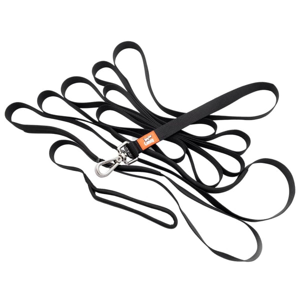 Black 23 ft long dog training recall leash for medium-large dogs with padded handle, grab points and brushed-steel clip.