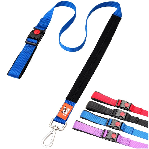 Blue 1 inch wide Canny Connect Leash for medium to large dogs, with soft padded grip and handle, steel clip and swatch bar displaying all four available colors.