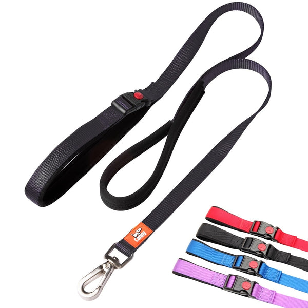 Black 5/8 inch wide Canny Connect Leash for small dogs & puppies with padded neoprene handle and grip, steel clip, and swatches showing four color options.