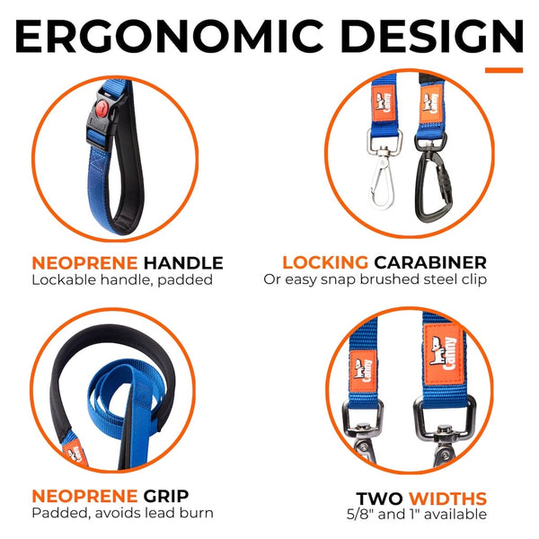 Design features of Canny Connect Leash: buckle in handle, locking carabiner or snap clip, neoprene grip, 1 inch and 5/8 inch widths.