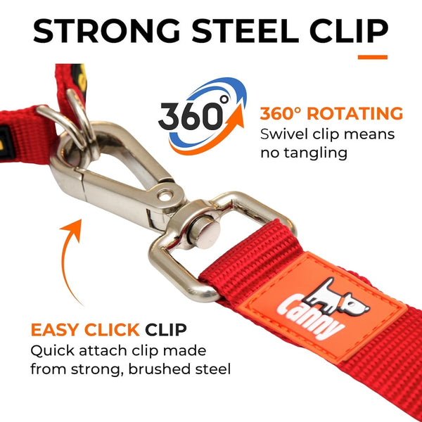 Red Canny Connect Leash with strong steel snap clip and 360° rotating swivel to prevent leash tangling during dog walks.