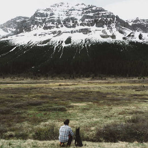 A man and a dog traveling in the mountains