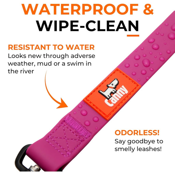 Close-up of pink waterproof, non smelly leash with droplets; odorless and wipe-clean, ideal for wet, muddy conditions.