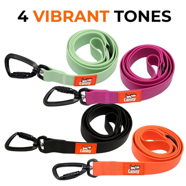Four waterproof, non smelly leashes coiled in black, orange, green and purple; vibrant color range displayed together.