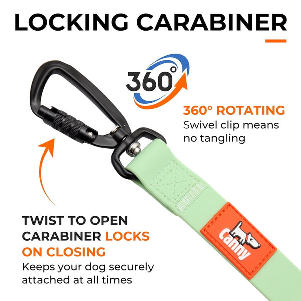 Green waterproof, non smelly leash with locking 360° swivel carabiner, twist-to-lock feature and waterproof coating.