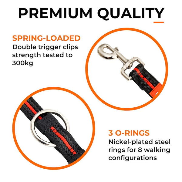 Close-ups of trigger clips and O-rings of double-ended training leash tested to 650 pounds, designed for multiple configurations.