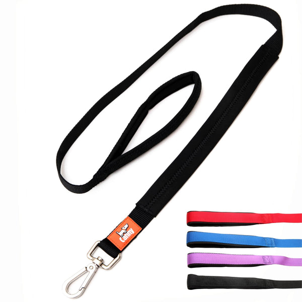 Black dog leash for medium to large dogs, 1 inch wide and 4ft long. Neoprene handle & grip with brushed steel clip. Close up of leash handles in red, blue, purple and black.