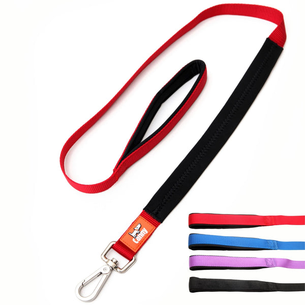 Red dog leash for medium to large dogs, 1 inch wide and 4ft long. Neoprene handle & grip with brushed steel clip. Close up of leash handles in red, blue, purple and black.