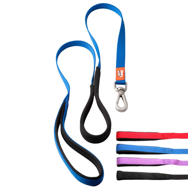 Blue dog leash for small dogs and puppies, 5/8 inch wide and 4ft long. Neoprene handle & grip with brushed steel clip. Close up of leash handles in red, blue, purple and black.