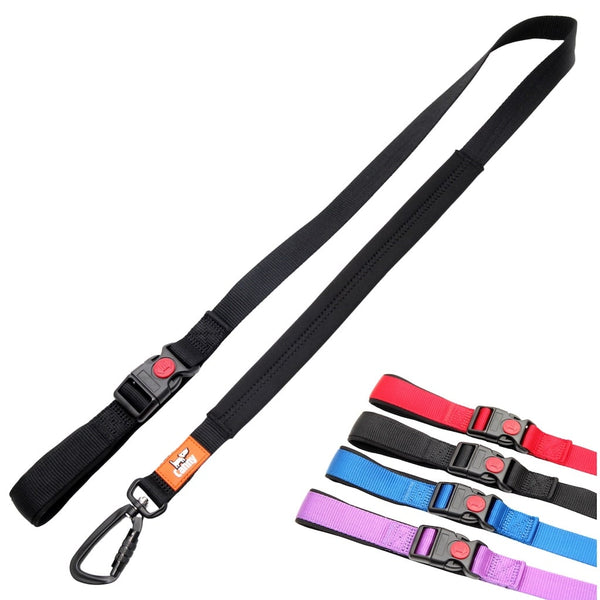 Black 4 ft Canny Connect anti escape leash for medium-large dogs with padded handle and locking carabiner, shown with 4 color options.