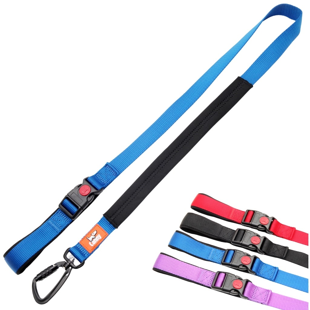 Blue 4 ft Canny Connect anti escape leash for medium-large dogs with soft grip and locking carabiner, shown with 4 color choices.
