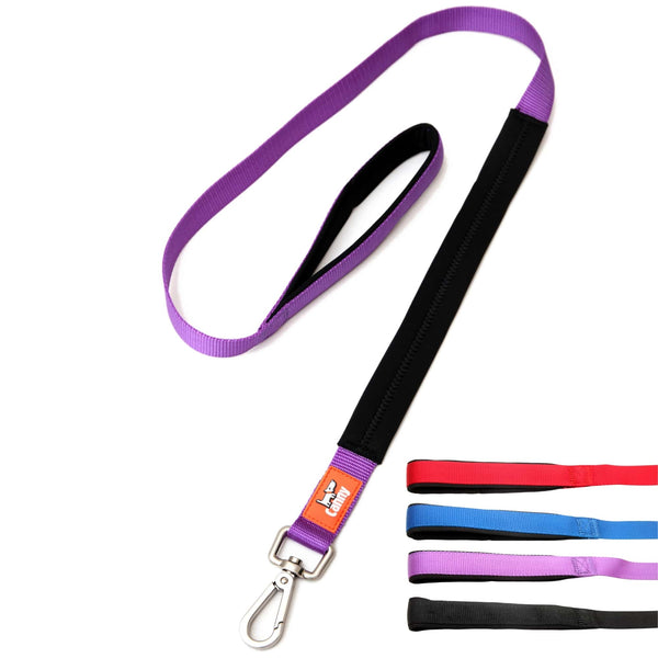 Purple dog leash for medium to large dogs, 1 inch wide and 4ft long. Neoprene handle & grip with brushed steel clip. Close up of leash handles in red, blue, purple and black.