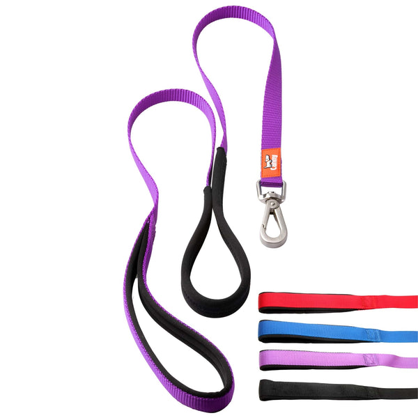 Purple dog leash for small dogs and puppies, 5/8 inch wide and 4ft long. Neoprene handle & grip with brushed steel clip. Close up of leash handles in red, blue, purple and black.