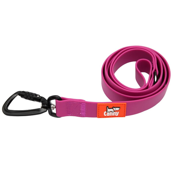 Pink waterproof and odorless leash with black locking carabiner and orange logo tag, rolled up cleanly.
