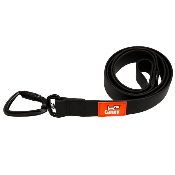 Black waterproof and odorless leash coiled neatly, with orange logo tag and black locking carabiner clip.