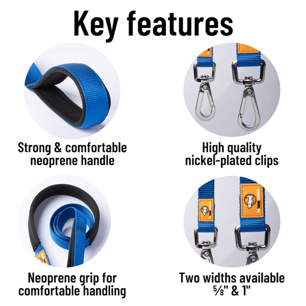 Key features of the Canny Leash Connect. Neoprene handle with lockable buckle. High quality nickel plated clips. Neoprene grip for comfortable handling. Two widths available - 5/8" & 1".