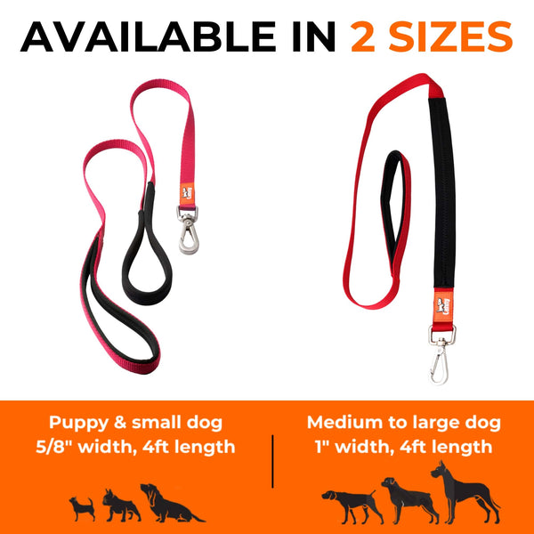 Two red dog leashes in different sizes. 5/8 inch wide, 4ft long leash for small dogs & puppies, 1 inch wide, 4ft long leash for medium to large dogs.